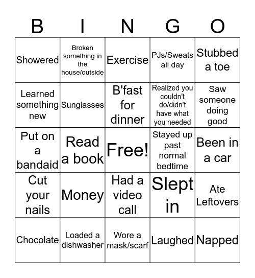 The past 3 days Bingo Card