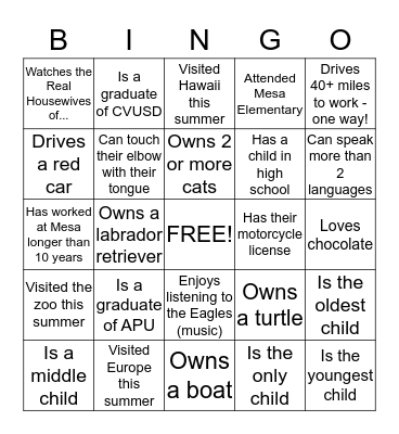 Mesa Elementary Bingo Card