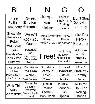 Rock Music Bingo Card