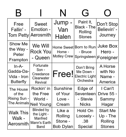 Rock Music Bingo Card