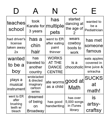 THE DANCE CENTRE BINGO Card