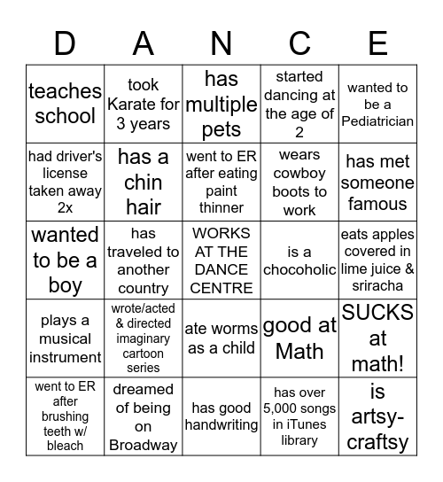 THE DANCE CENTRE BINGO Card