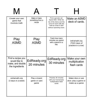 Practical Math Bingo Card