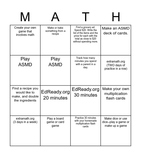 Practical Math Bingo Card