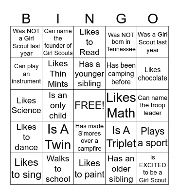 Girl Scout Bingo Card