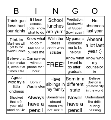 That's Me! Bingo Card