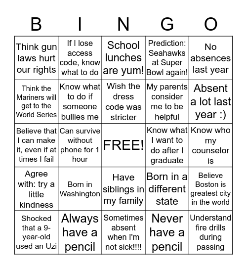 That's Me! Bingo Card