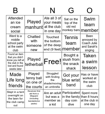 Swim Club Bingo! Bingo Card
