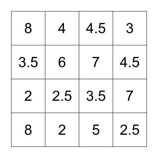 Musical Math Bingo Card