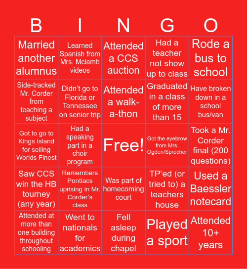 CBS/CCS ALUMNI Bingo Card