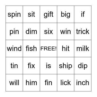 Short I Bingo Card