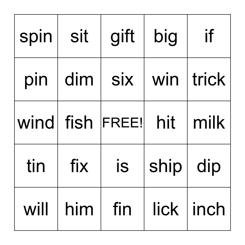 Short I Bingo Card