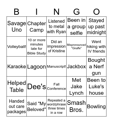 InterVarsity at Westmini Bingo Card