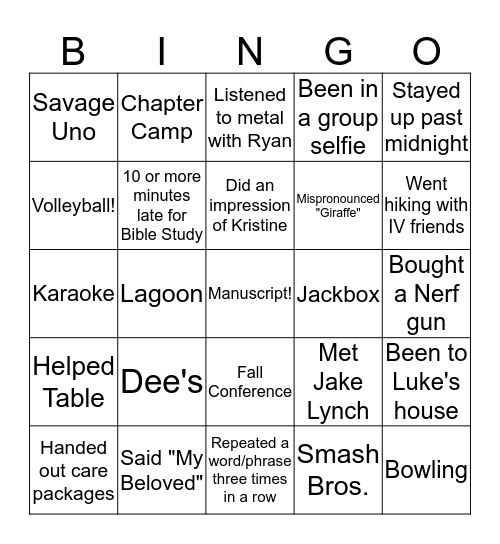 InterVarsity at Westmini Bingo Card