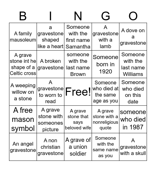 Cemetery bingo!! Bingo Card