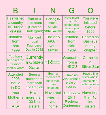 ALPHA KAPPA ALPHA SORORITY Bingo Card