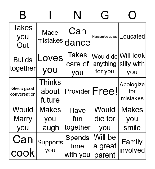 Perfect Spouse Bingo Card