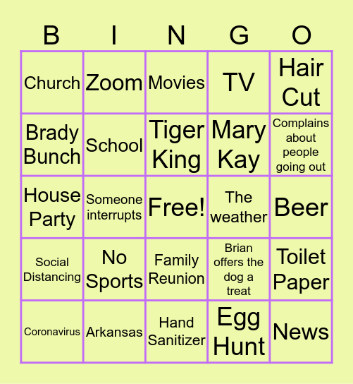 Family Zoom Bingo Game Bingo Card