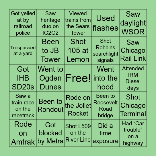 Chicago Railfan Bingo Card