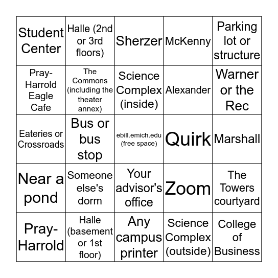 EMU Places We've Cried Bingo Card