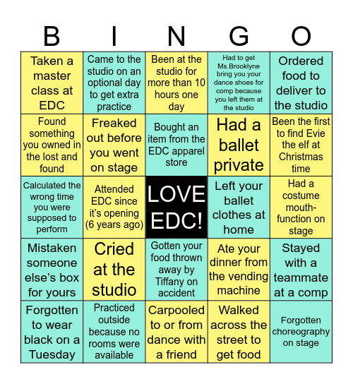 EDC Dancer Bingo Card
