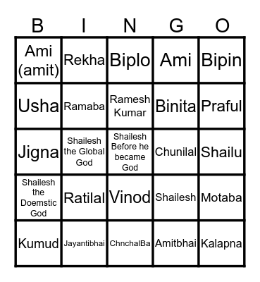 Shah Family Bingo Card