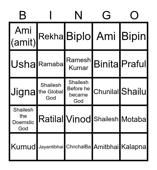 Shah Family Bingo Card