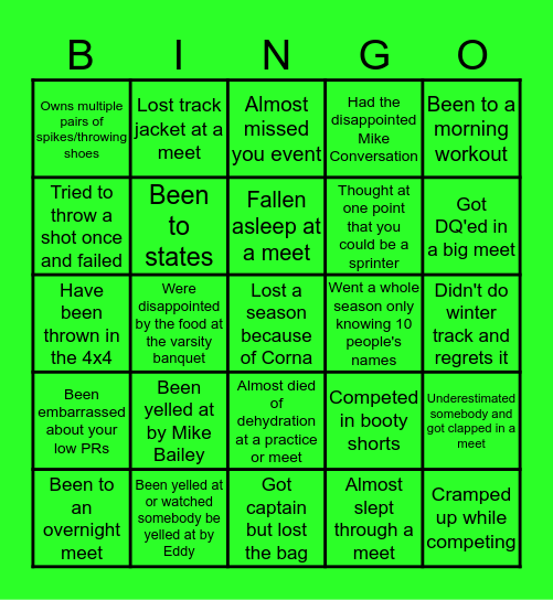 GS Track and Field Bingo Card