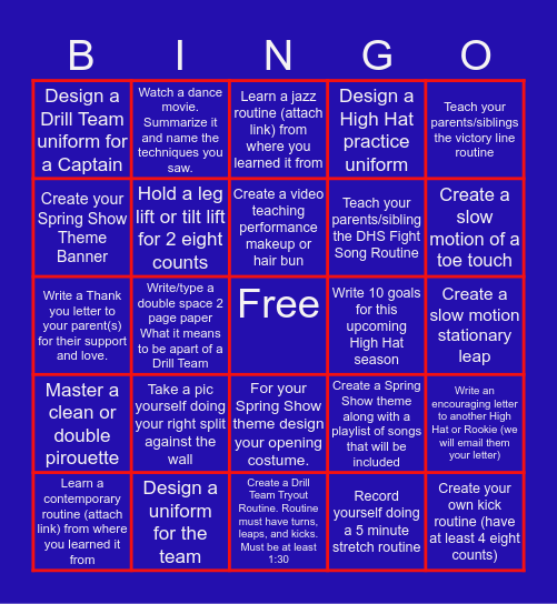 High Hat Drill Team Bingo Card