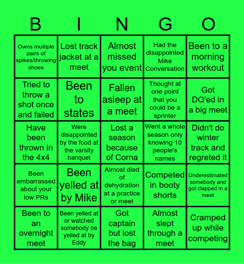 GS Track and Field Bingo Card