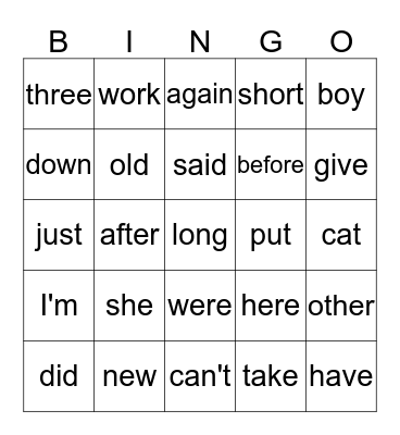 Sight Word Bingo 4 Bingo Card