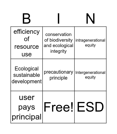 Sustainability Principals Bingo Card