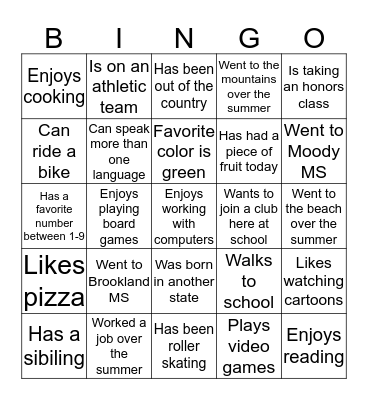 Meet your classmates Bingo Card