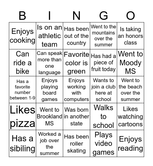 Meet your classmates Bingo Card
