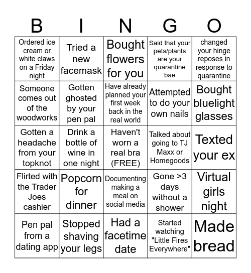 #singlegirlquarantine bingo Card