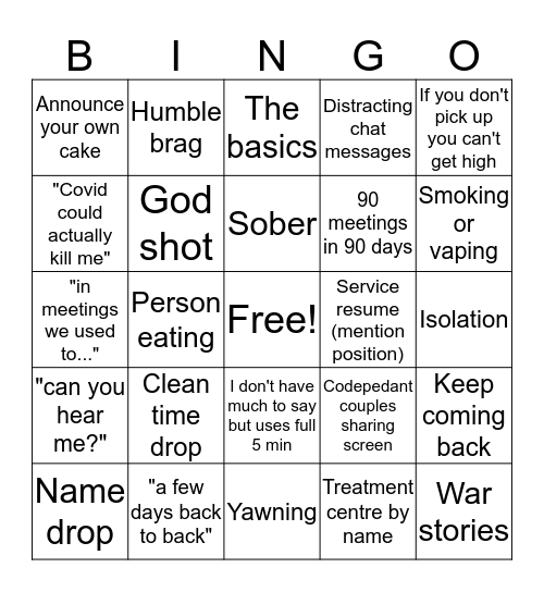 Na zoom meeting bingo Card