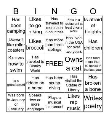 Getting to Know You Bingo Card