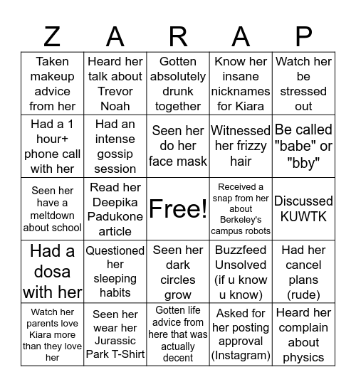 Zara's 22nd Birthday Bingo Card