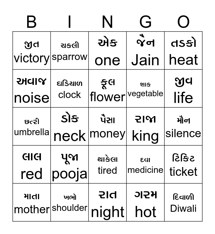 Gujarati Bingo Card