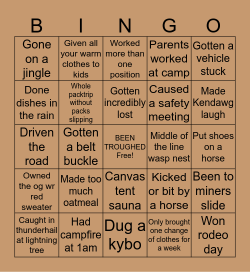 Wilderness Ranch Bingo! Bingo Card