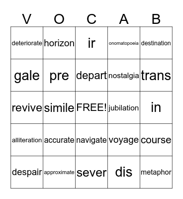 Vocabulary Bingo Card