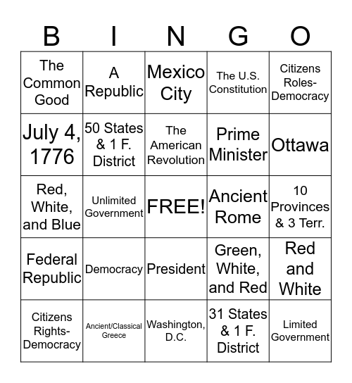 North America Bingo Card