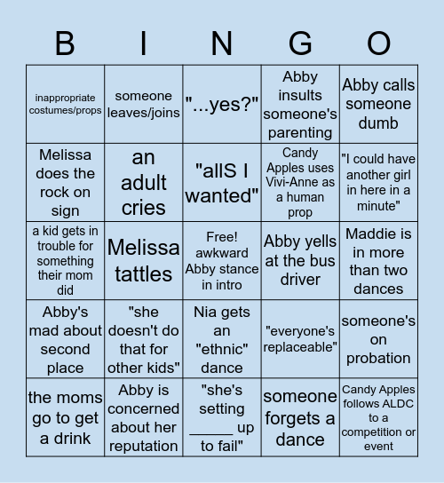 Dance Moms Bingo! Bingo Card