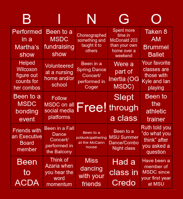 MO STATE DANCE CO Bingo Card