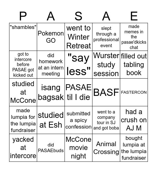 PASAE BINGO Card