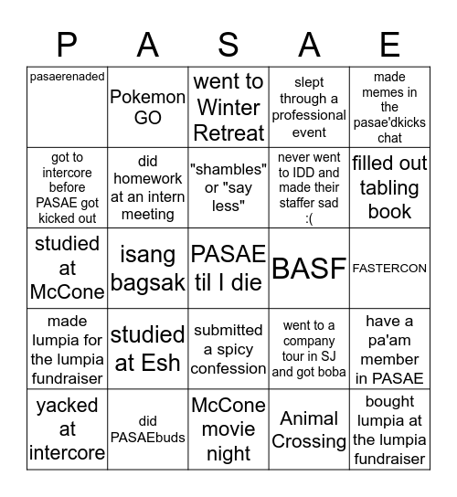 PASAE BINGO Card