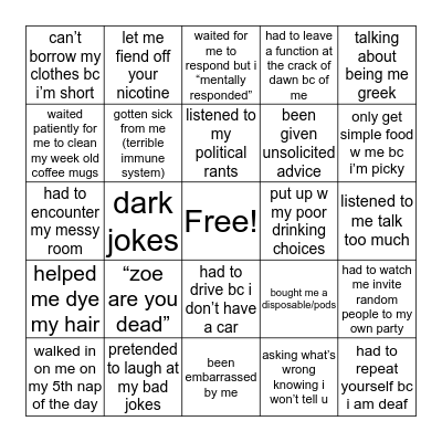 being friends with me bingo Card