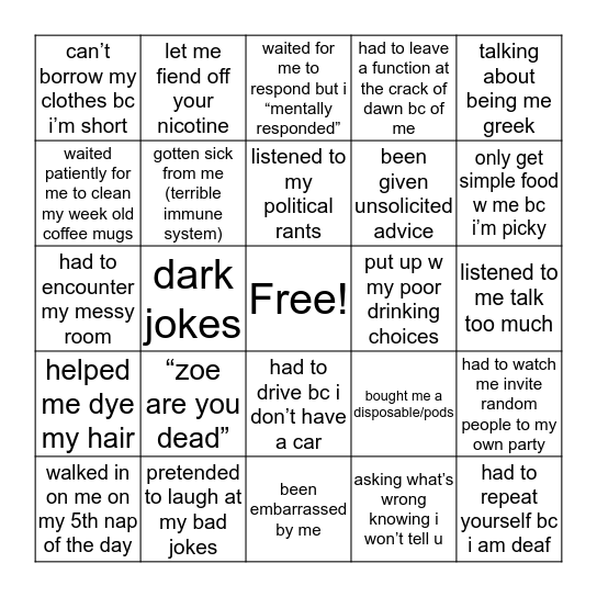 being friends with me bingo Card