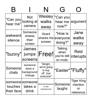 Easter Zoom Meeting Bingo Card