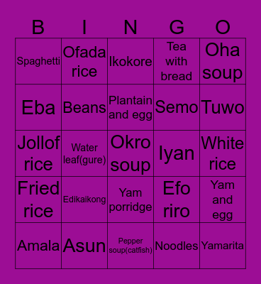 Food choice Bingo Card